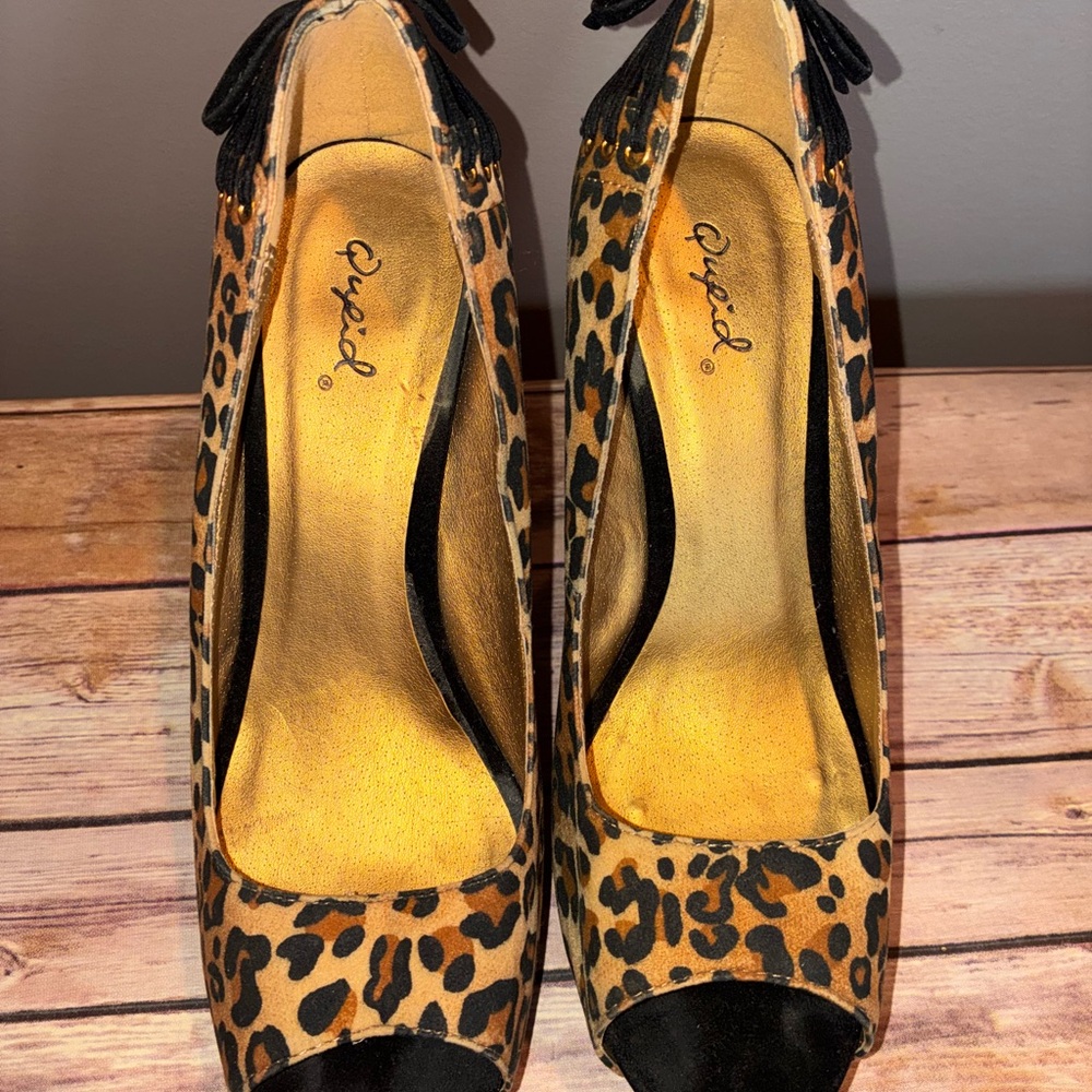 Qupid Leopard Print Peep Toe Heels with lace-up back